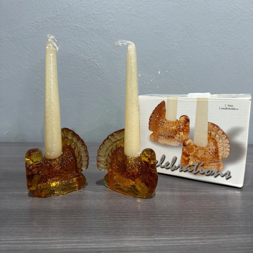 Crystal Clear 3in Amber Glass Turkey Candle Holders Set of 2 Thanksgiving Decor